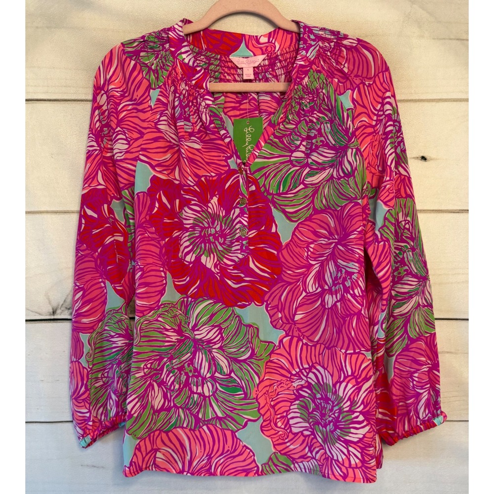 Lilly Pulitzer Elsa Top Worth It Medium Pink Green Floral 100% Silk Blouse 41773